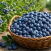 Fresh blueberries at Don-O-Ray Farms in Kelowna displayed in a basket beside blueberry plants.