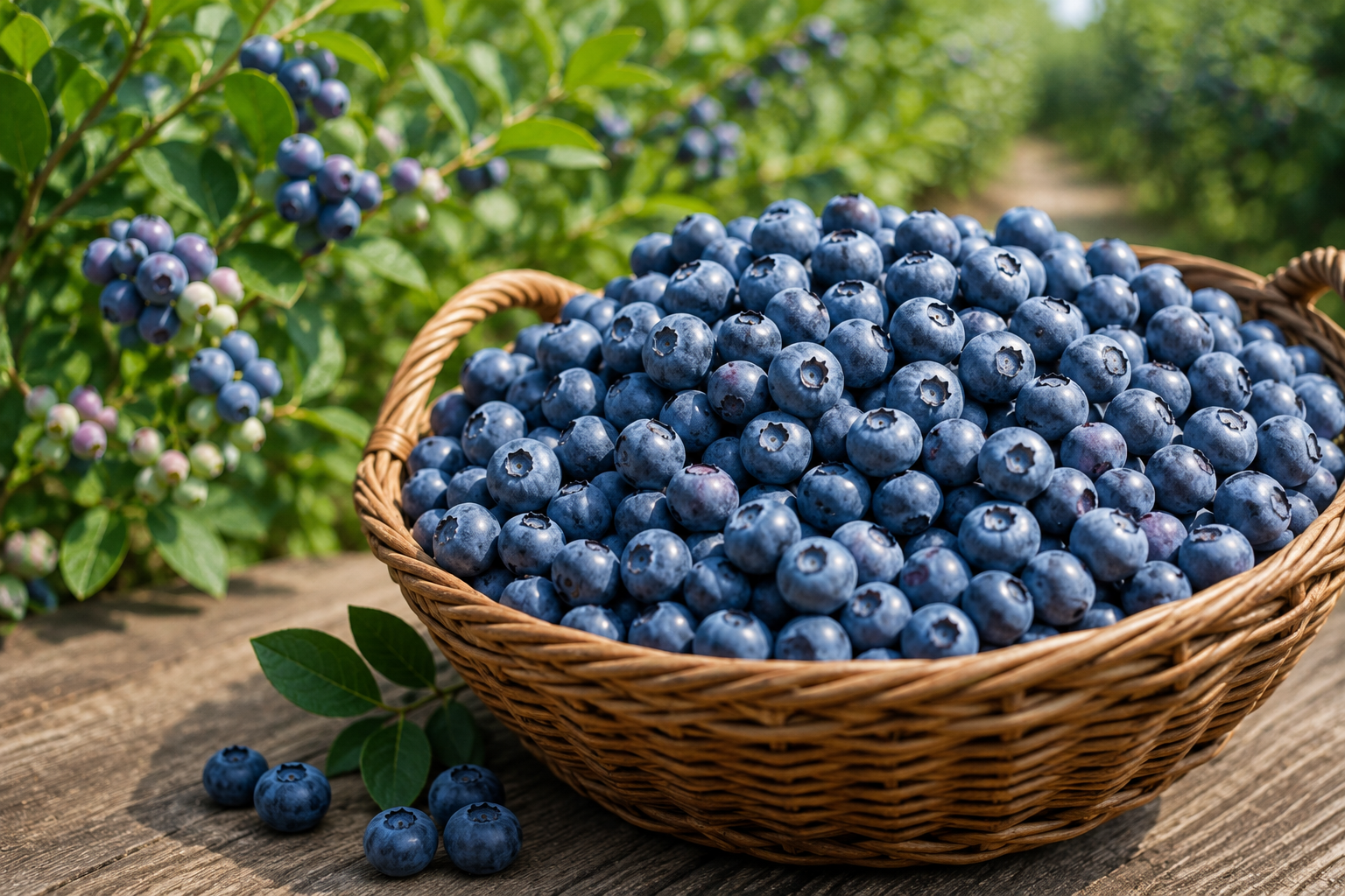 Fresh blueberries at Don-O-Ray Farms in Kelowna displayed in a basket beside blueberry plants.