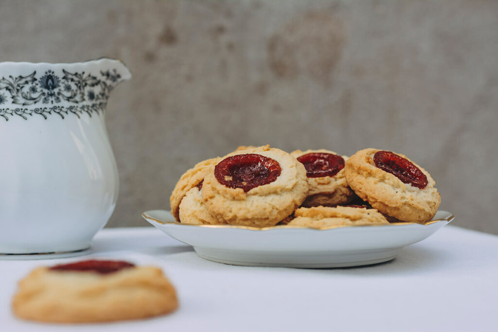 Thumbprint cookies filled with strawberry jam